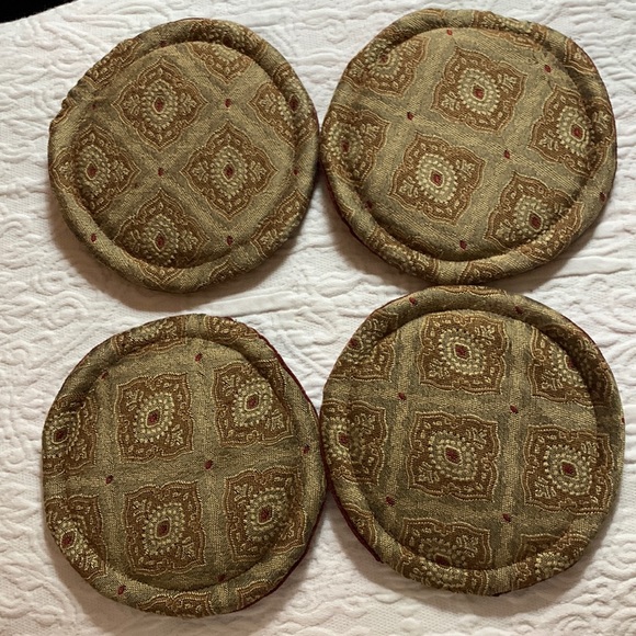 Hand Crafted Other - HANDMADE COASTERS (4) ROUND DECORATOR FABRIC TAUPE/WINE VELOUR BACK 5”AC DIAMOND